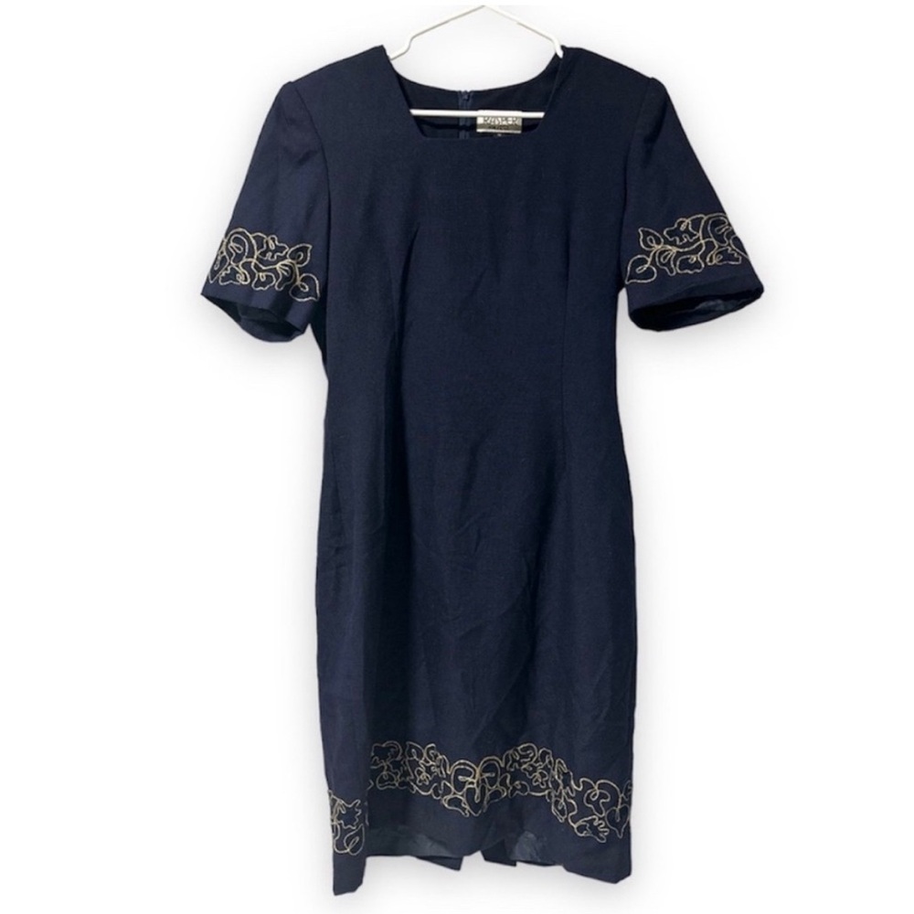 Vintage 80s Kasper Navy Blue Short Sleeve Embroidered Dress Women’s Size 8 Retro